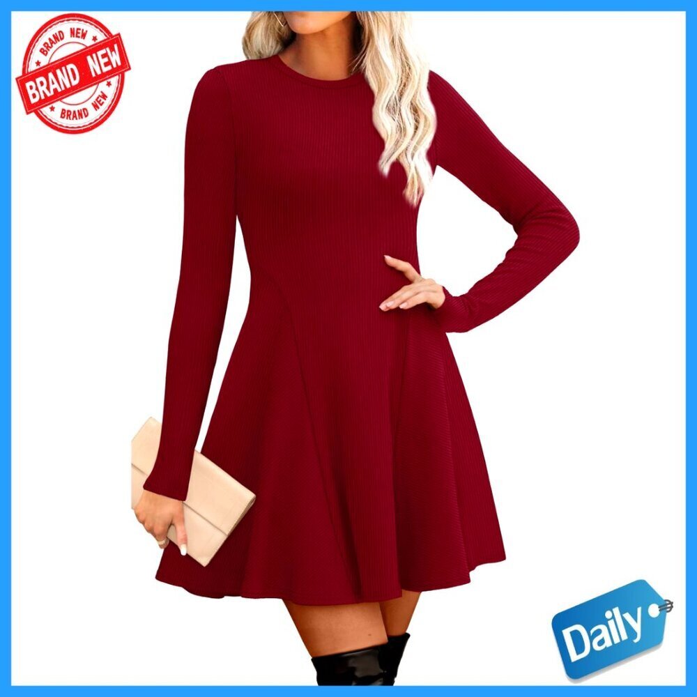 Ribbed Knit Sweater Dress Long Sleeve Crew Neck Fit Flare A-Line Casual